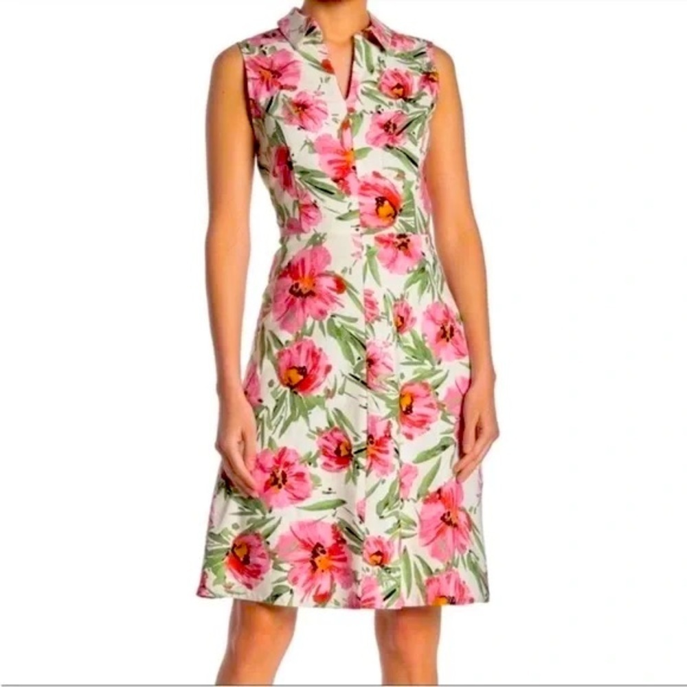 Tahari Linen Blend Floral Shirt Dress Sleeveless Size 8